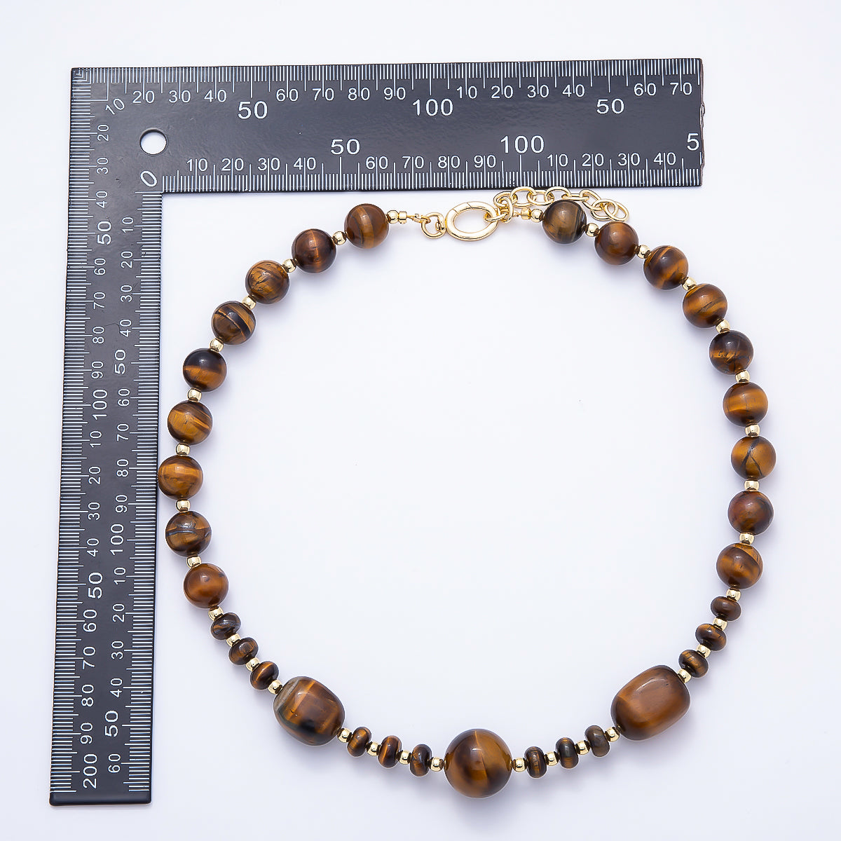 16K Gold Filled 13mm Tiger Eye Round Rondelle Rectangle Gemstone Chain 19 Inch Necklace w. Push Gate | WA-00189