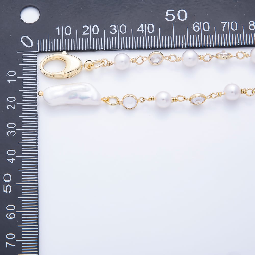16K Gold Filled 6mm Clear Round CZ White Shell Baroque Pearl Lariat Gemstone 34 Inch Necklace | WA-00210