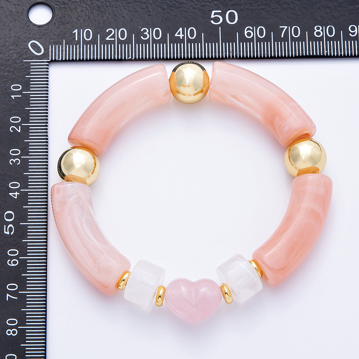 18K Gold Filled 6mm Rose Quartz Gemstone Heart Bead Stretch Bracelet | WA-04140