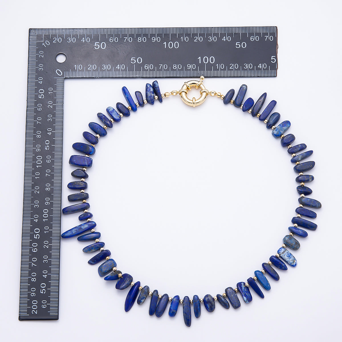 16K Gold Filled 3mm Blue Lapis Lazuli Stick Beaded Statement Gemstone 19 Inch Necklace | WA-00306