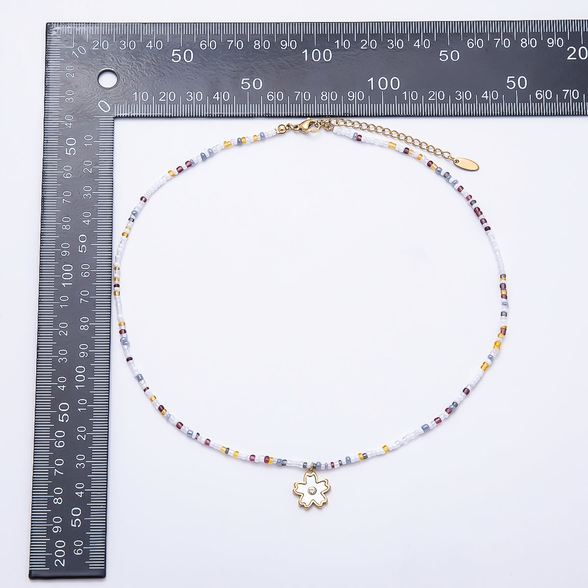Stainless Steel Gold PVD 3mm Shell Pear Flower Multicolor Seed Bead Gemstone Chain 16.5 Inch Necklace | WA-00888