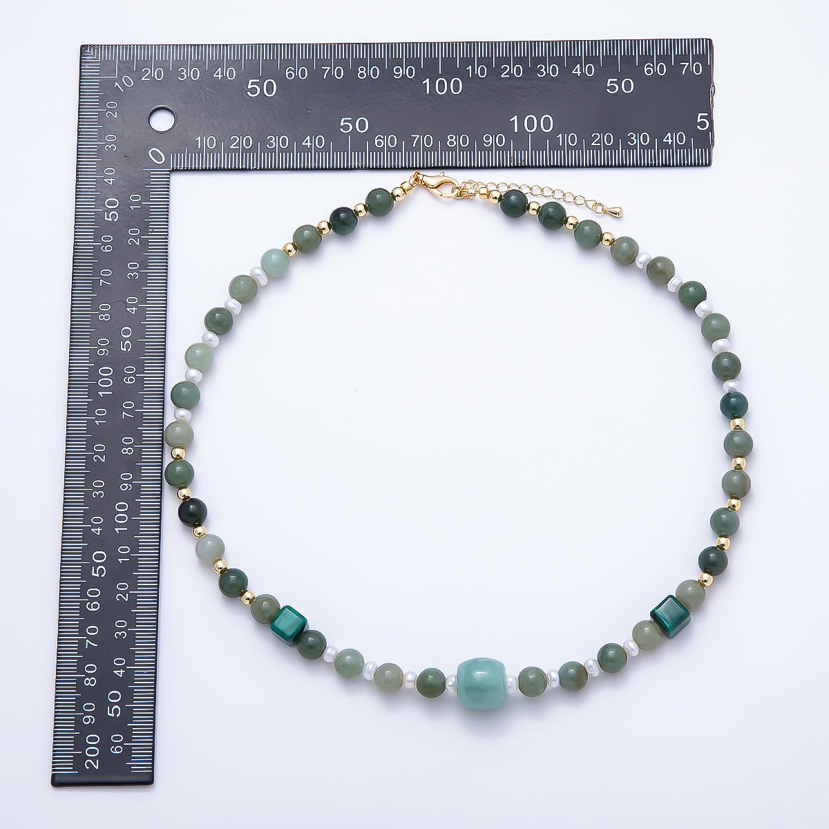 16K Gold Filled Shell Pearl Green Aventurine Malachite Bead Round Gemstone Chain 18 Inch Necklace | WA-00182