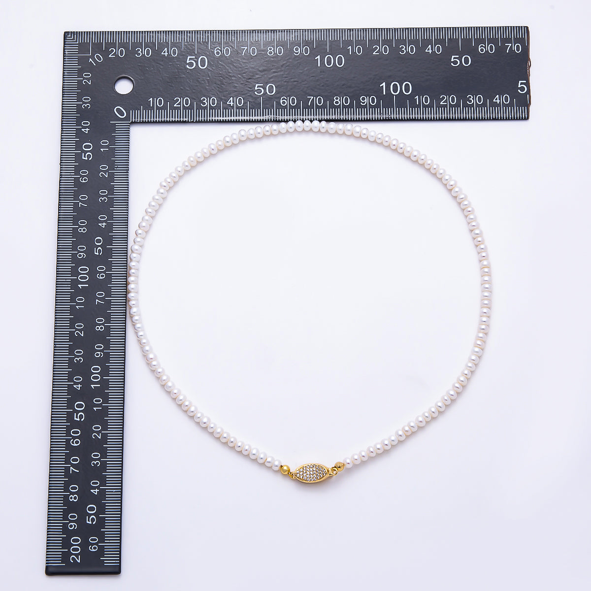 16K Gold Filled 4mm White Rondelle Shell Pearl Gemstone Chain 16 Inch Necklace w. Micro Paved CZ Closure | WA-00175
