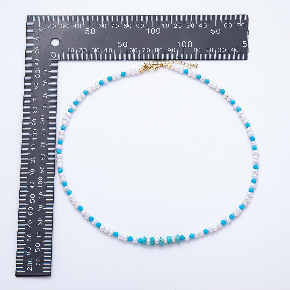 16K Gold Filled 5.5mm Blue Turquoise Shell Pearl Button Gemstone Chain 18 Inch Necklace | WA-00325