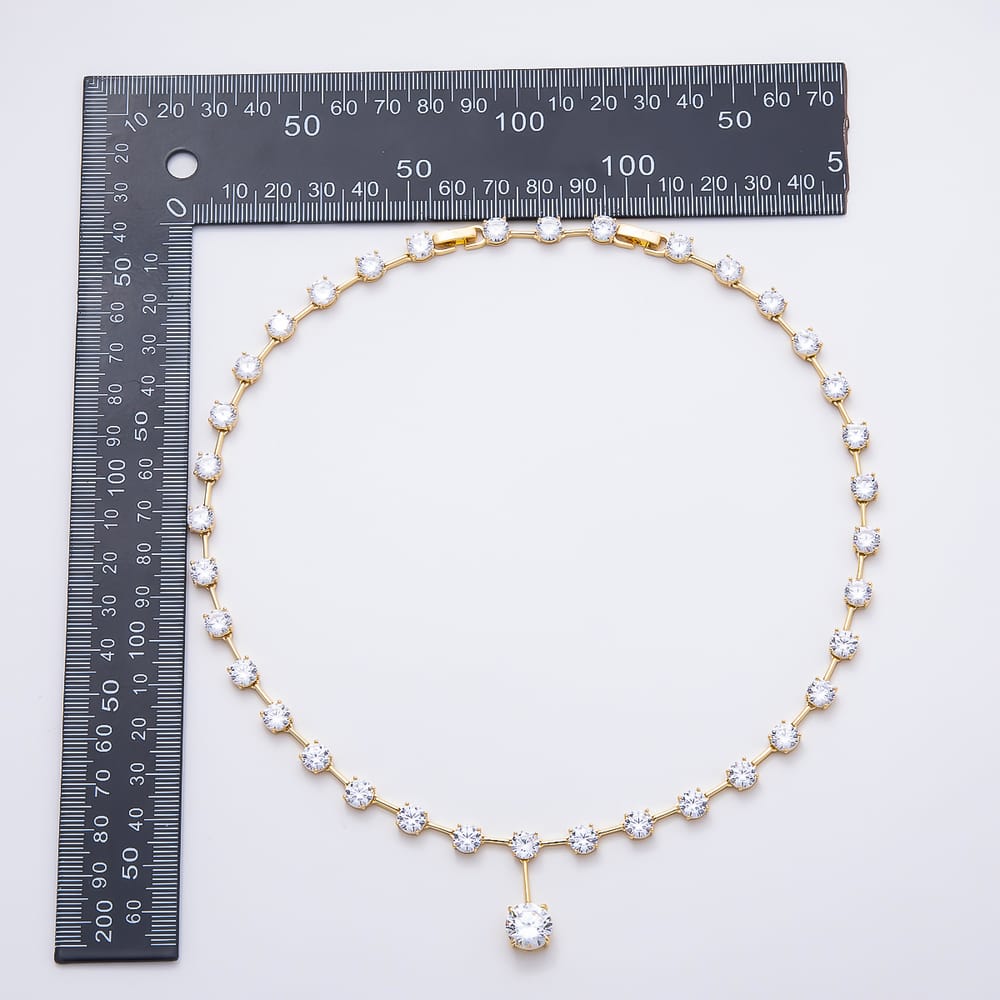 16K Gold Filled 6mm 5mm Clear CZ Round Drop Bar Gemstone Chain 16.5 Inch Adjustable Necklace | WA-01885
