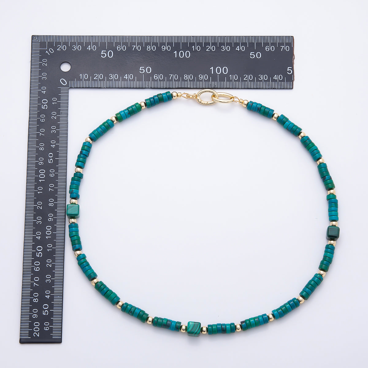 16K Gold Filled 7mm Green Malachite Tube Rondelle Gemstone Chain 20.5 Inch Necklace w. Dual Push Gate Charm Holder | WA-01960