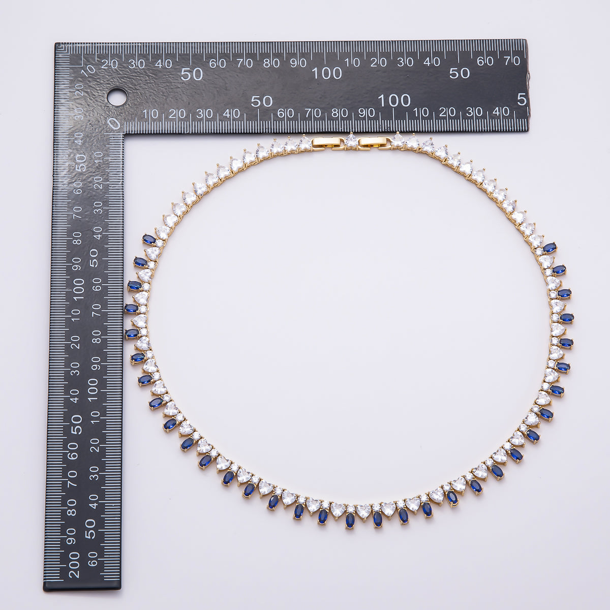 16K Gold Filled 8mm Blue Clear Oval Heart Tennis Chain 17 Inch Adjustable Necklace | WA-04547