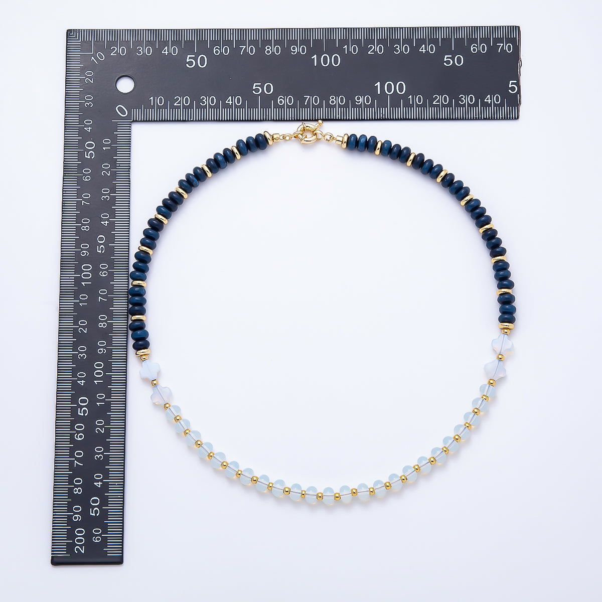 16K Gold Filled 6.5mm White Opal Blue Lapis Lazuli Half Rondelle Gemstone Chain 17 Inch Necklace w. Sailor Clasps | WA-01969