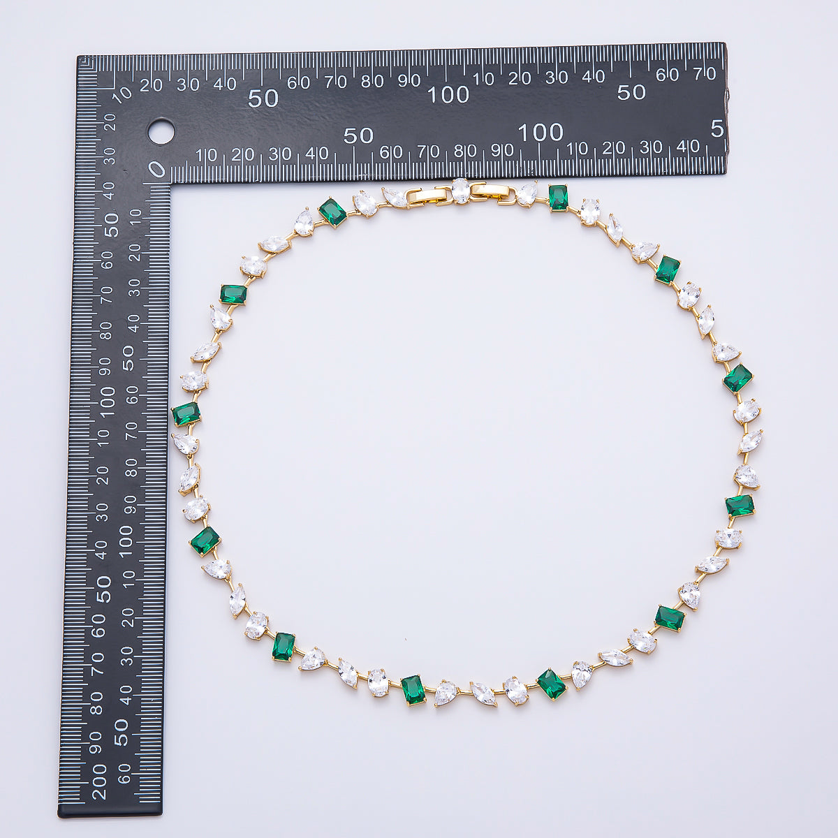 16K Gold Filled 6.5mm Green Baguette Clear Multi-Cut CZ Tennis Chain 17 Inch Adjustable Necklace | WA-04687