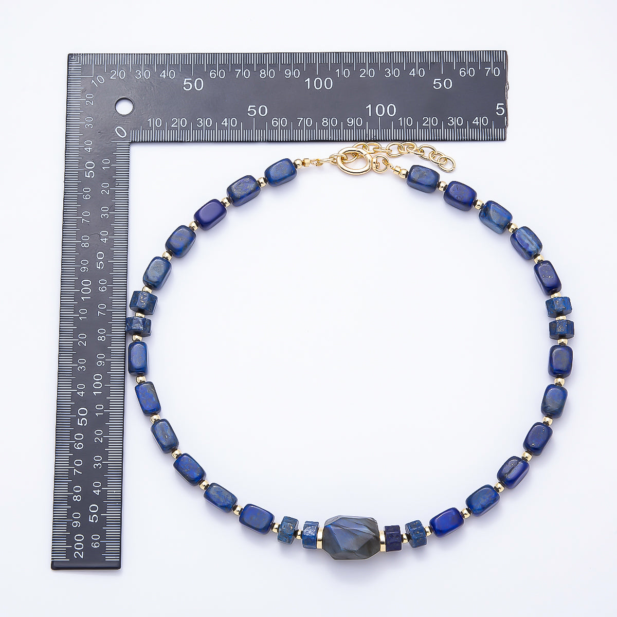 16K Gold Filled 10mm Lapis Lazuli Labradorite Tube Rectangle Gemstone Chain 19 Inch Necklace w. Push Gate Clasps | WA-00428