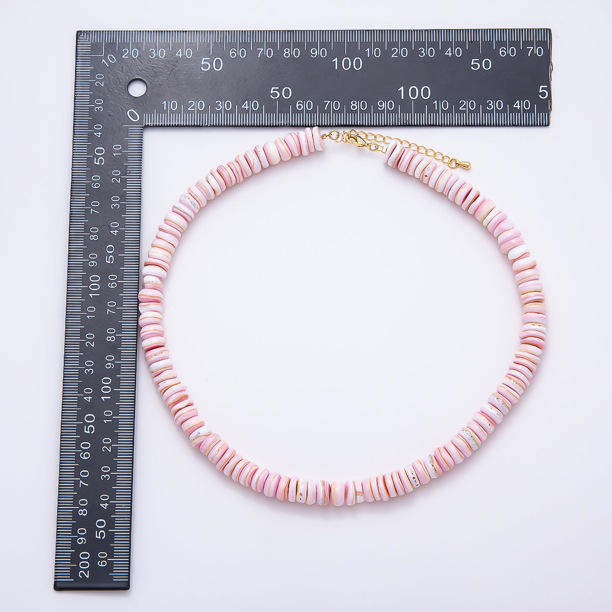 SUMMER 18K Gold Filled 9mm Pink Shell Heishi Rondelle Gemstone Chain 16 Inch Necklace w. Extender | WA-00398