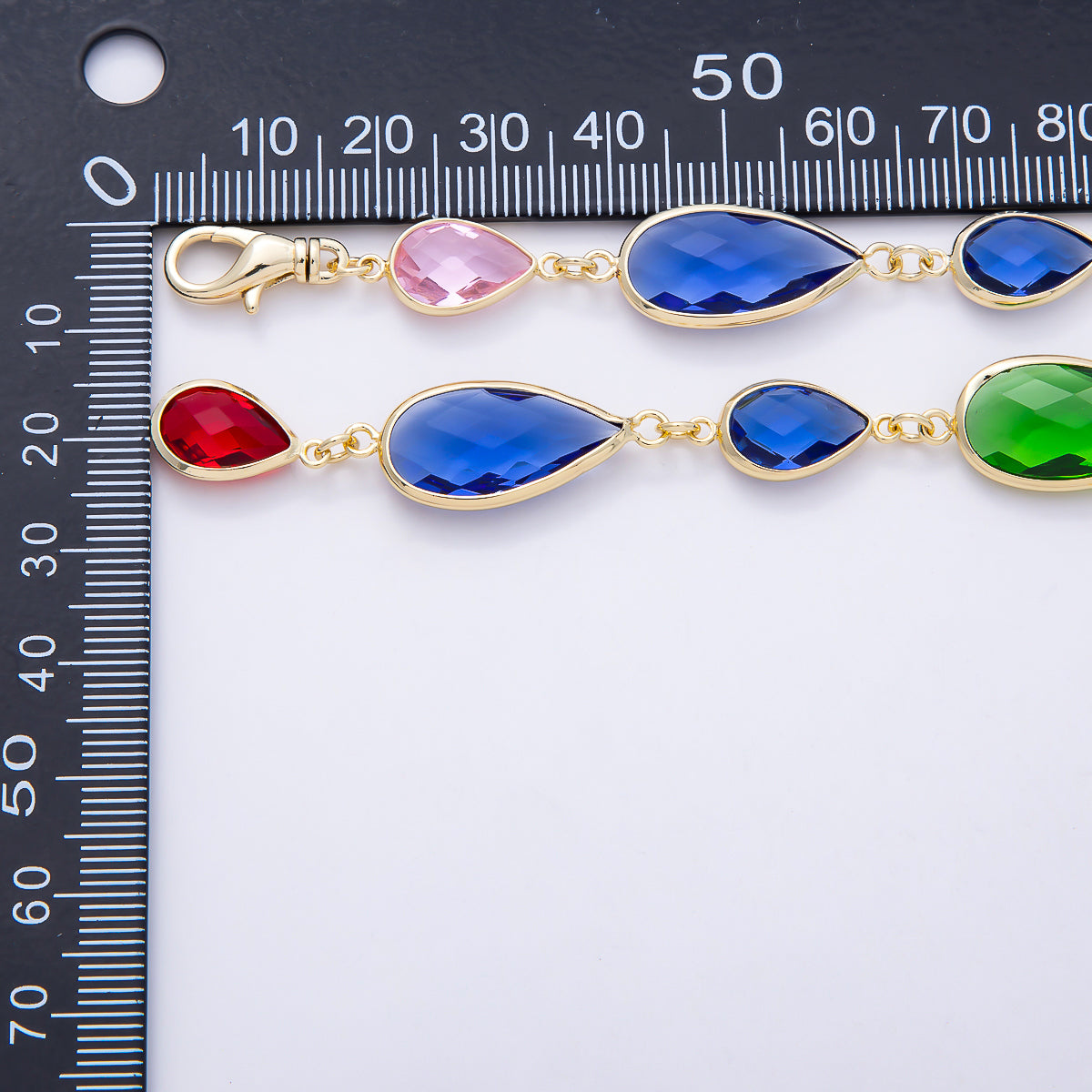 16K Gold Filled 11mm Multicolor Teardrop Bezel Station CZ Crystal Lariat 25 Inch Necklace | WA-00413