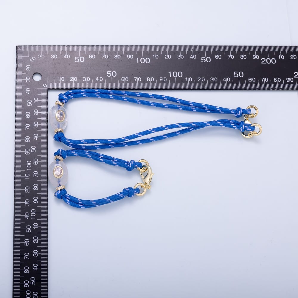 16K Gold Filled 6.5mm Clear Quartz CZ Gemstone Blue Cotton Cord Paracord Chain 7 Inch Bracelet, 15 Inch Necklace | WA-02294 WA-02295
