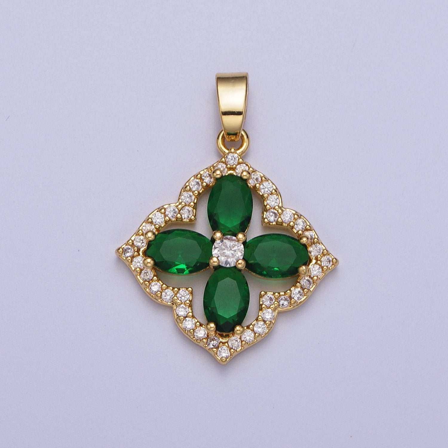 14K Gold Filled 26mm Green Micro Paved CZ Geometric Clover Flower Pendant | X548