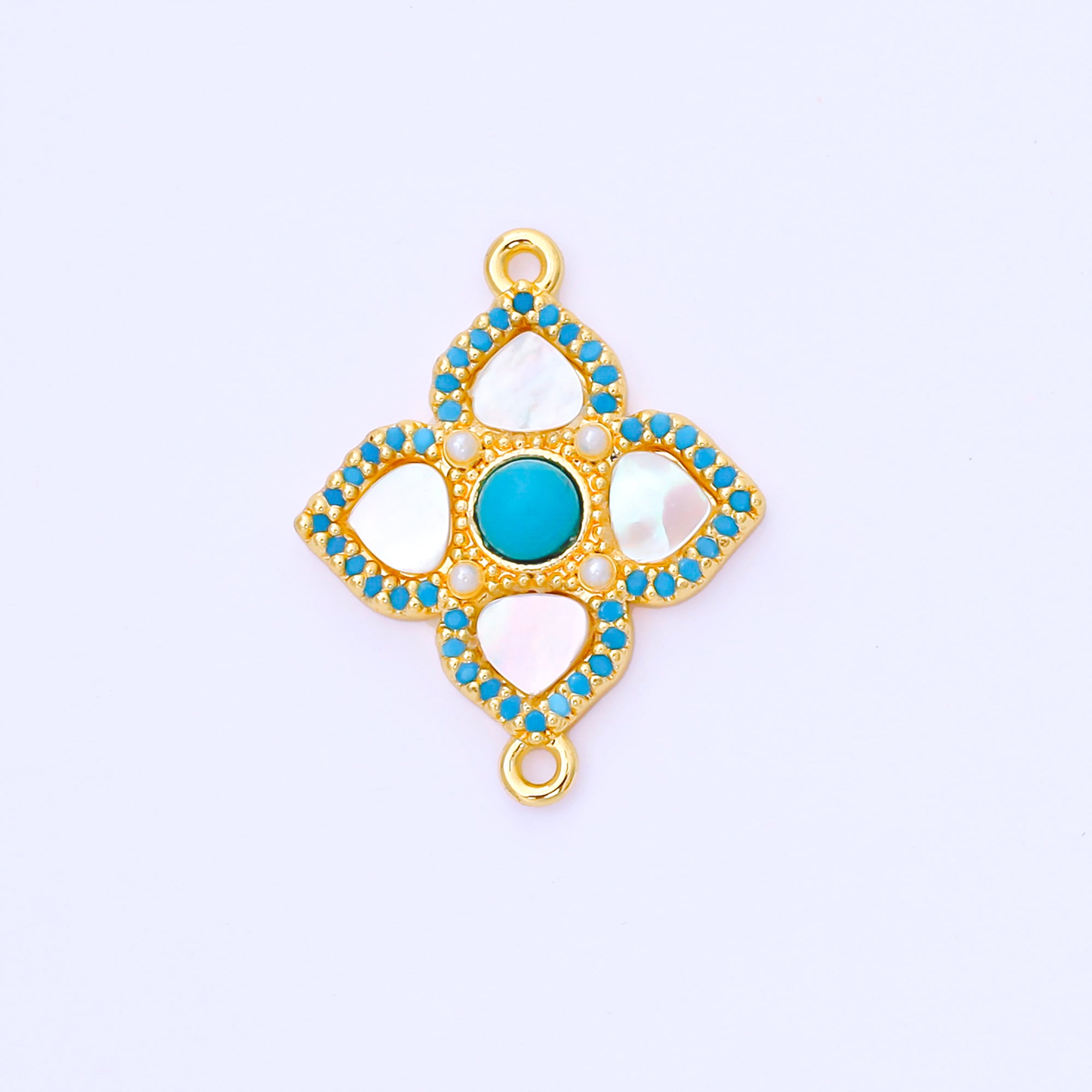 24K Gold Filled 23mm Blue Micro Paved CZ Mother of Pearl 4-Leaf Lucky Clover Charm Connector | Y-062