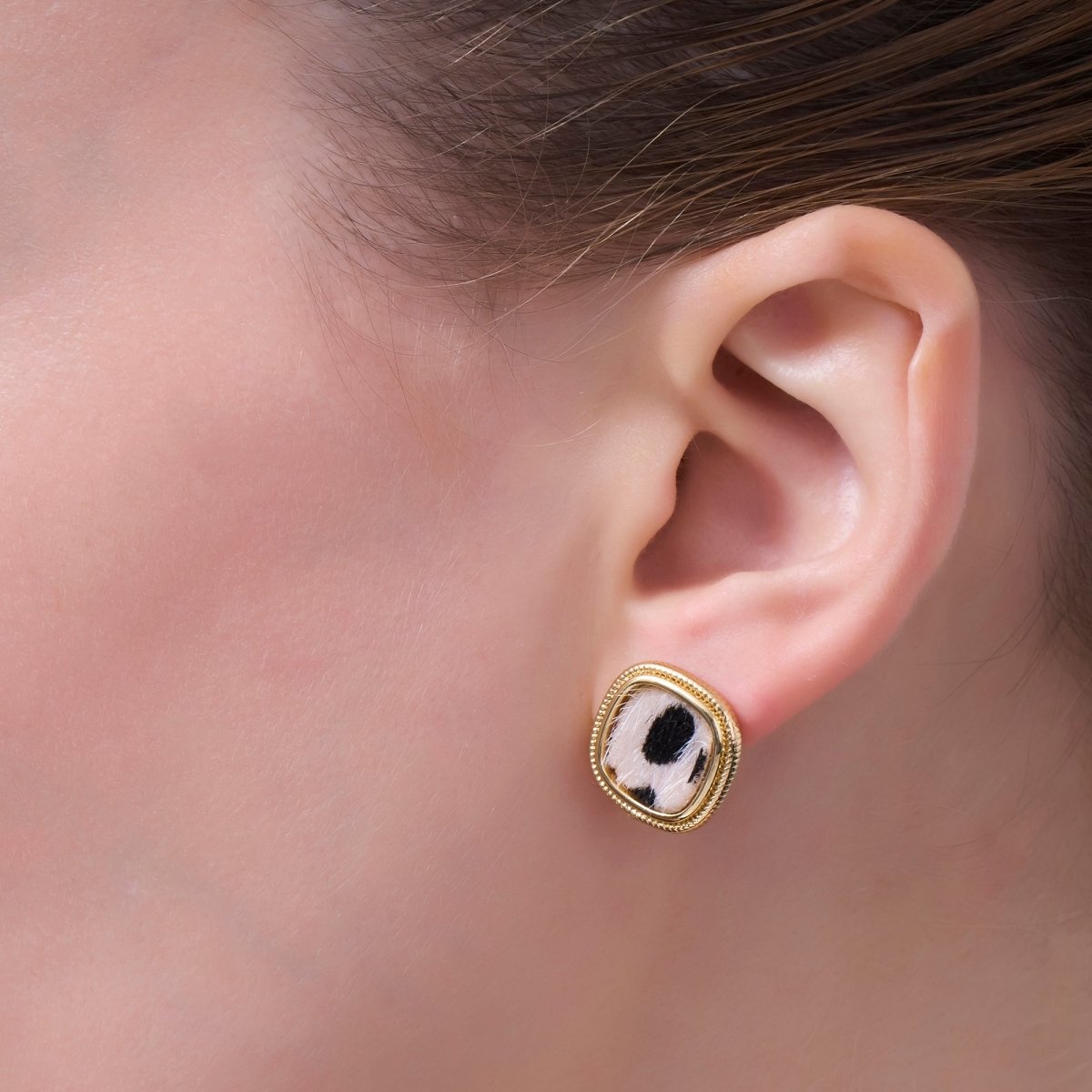 Animal Faux Fur Leopard Square Bezel Stud Earrings in Gold & Silver | AE102 AE155 - DLUXCA