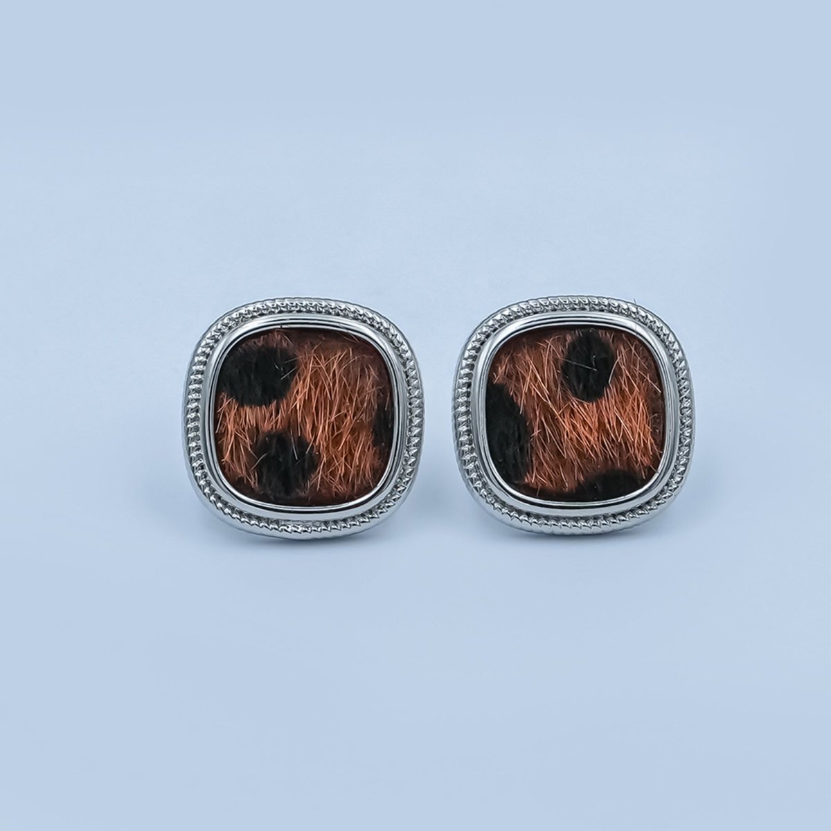 Animal Faux Fur Leopard Square Bezel Stud Earrings in Gold & Silver | AE102 AE155 - DLUXCA