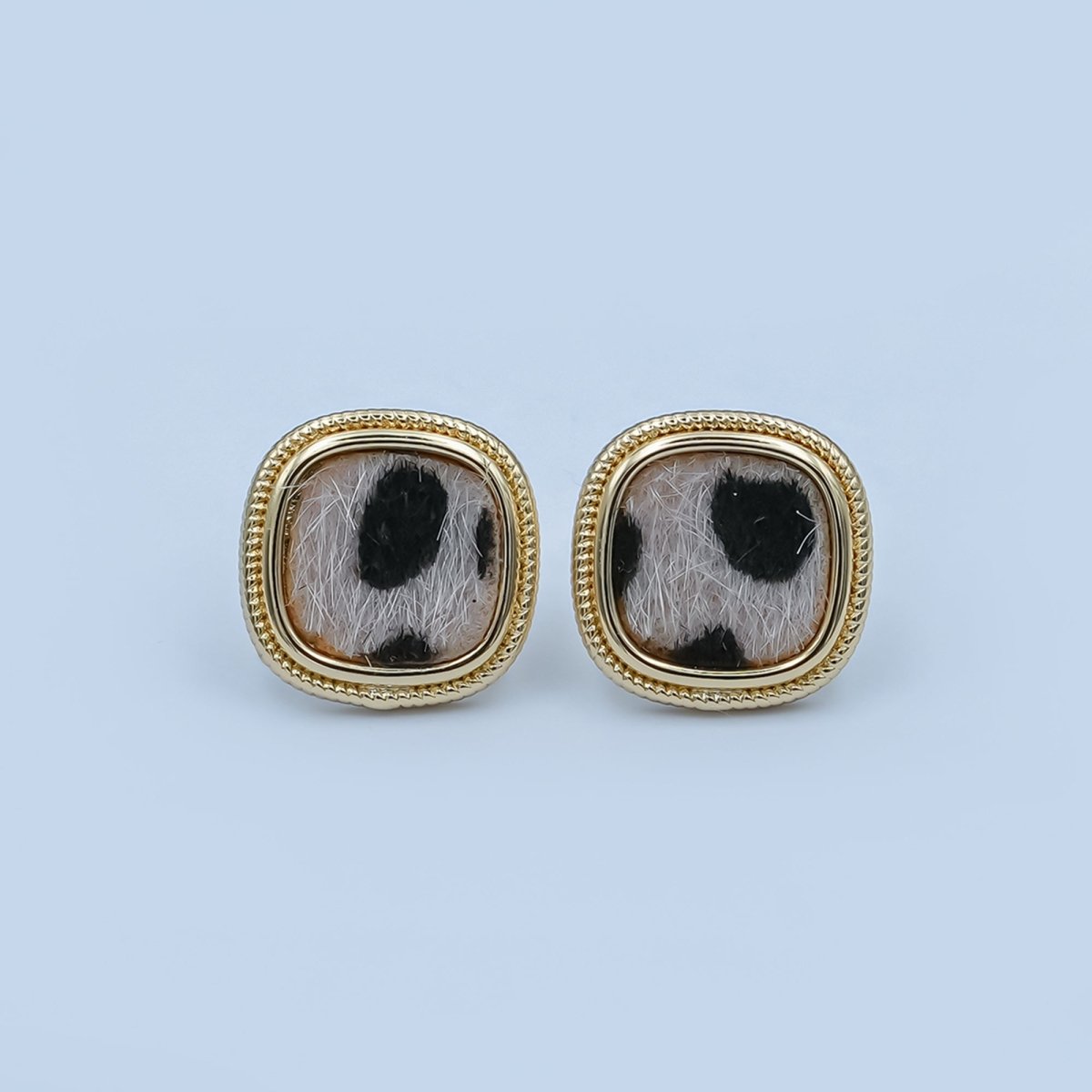 Animal Faux Fur Leopard Square Bezel Stud Earrings in Gold & Silver | AE102 AE155 - DLUXCA