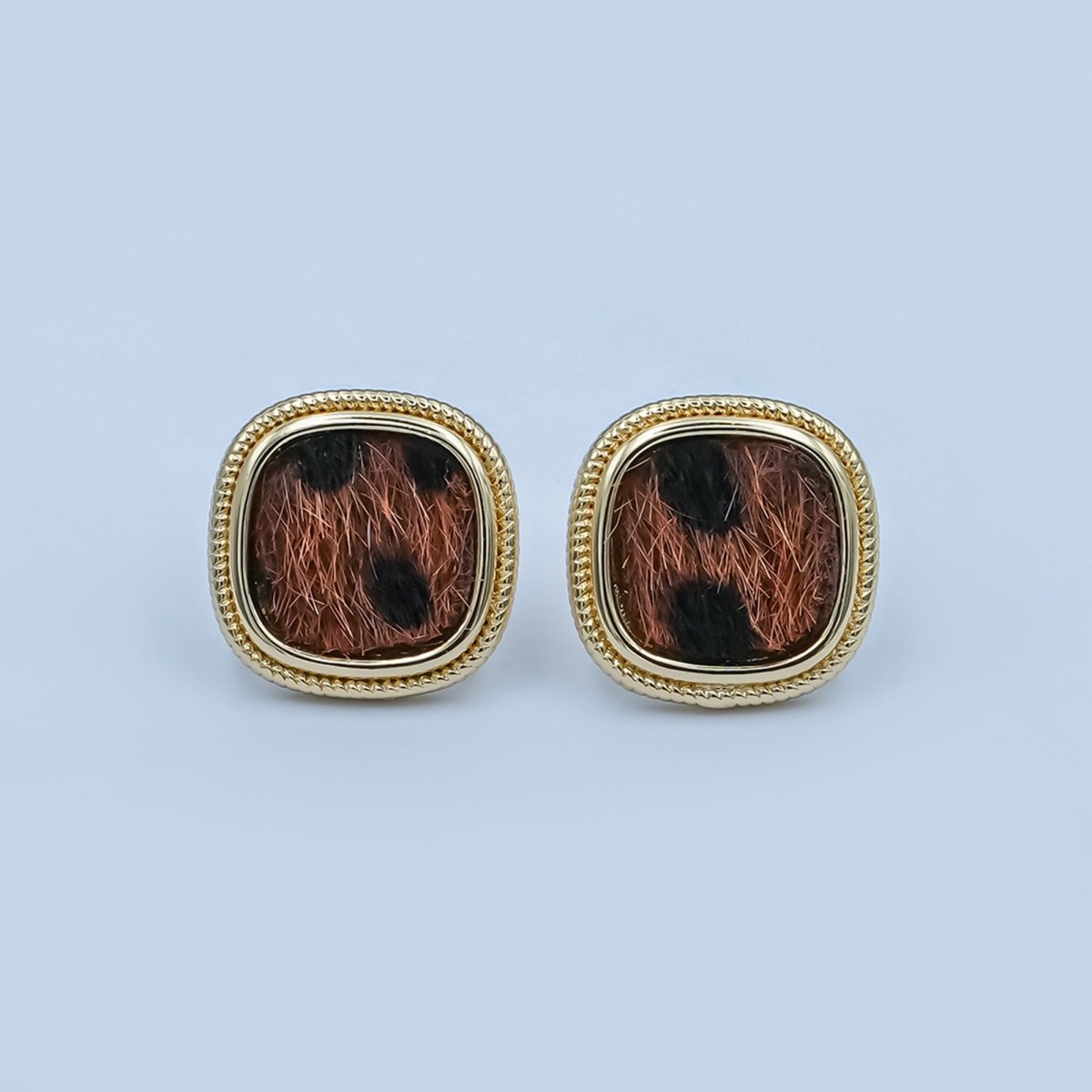 Animal Faux Fur Leopard Square Bezel Stud Earrings in Gold & Silver | AE102 AE155 - DLUXCA