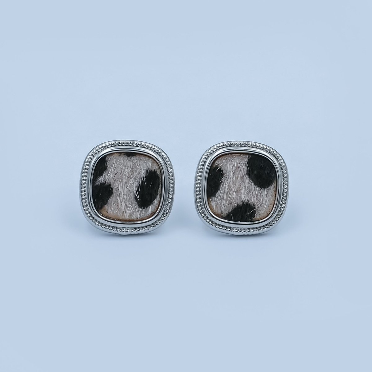 Animal Faux Fur Leopard Square Bezel Stud Earrings in Gold & Silver | AE102 AE155 - DLUXCA