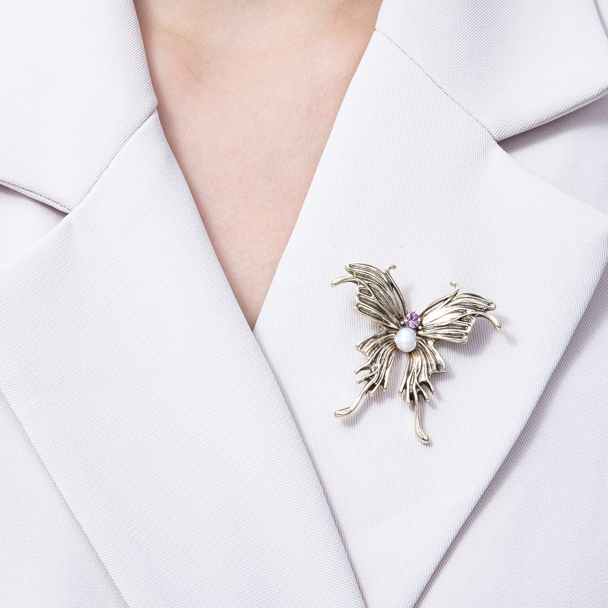 Antique Gold 41mm Purple CZ Shell Pearl Butterfly Mariposa Animals Brooch Pin | BH - 016 - DLUXCA