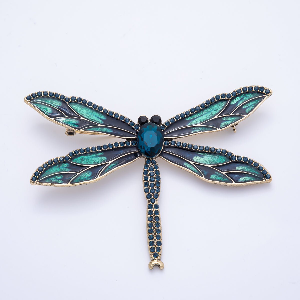 Antique Gold 94mm Blue Micro Paved CZ Dragonfly Insect Enamel Brooch Pin | BH - 017 - DLUXCA