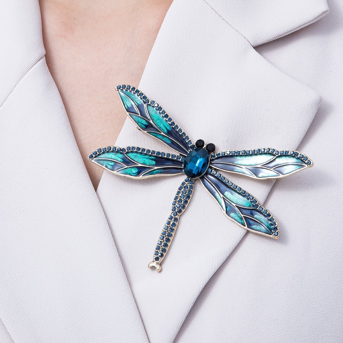 Antique Gold 94mm Blue Micro Paved CZ Dragonfly Insect Enamel Brooch Pin | BH - 017 - DLUXCA