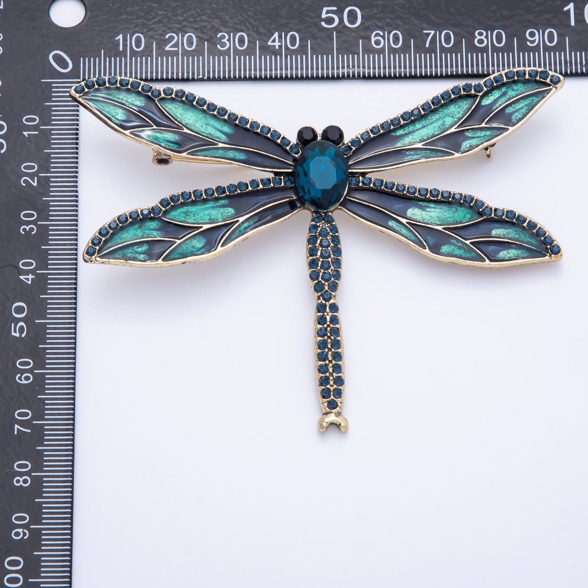 Antique Gold 94mm Blue Micro Paved CZ Dragonfly Insect Enamel Brooch Pin | BH - 017 - DLUXCA
