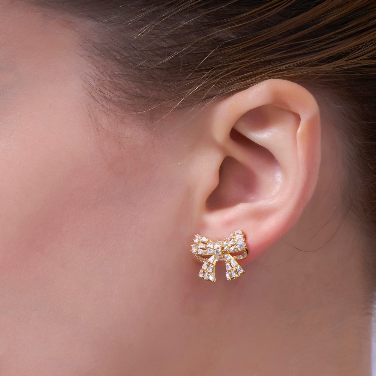 Baguette Micro Paved CZ Ribbon Bow Stud Earrings in Gold & Silver | AB293 AB294 - DLUXCA
