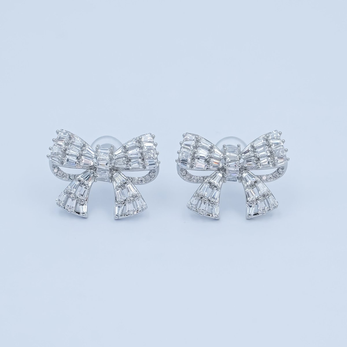 Baguette Micro Paved CZ Ribbon Bow Stud Earrings in Gold & Silver | AB293 AB294 - DLUXCA