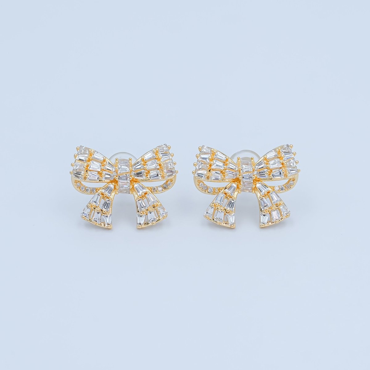 Baguette Micro Paved CZ Ribbon Bow Stud Earrings in Gold & Silver | AB293 AB294 - DLUXCA