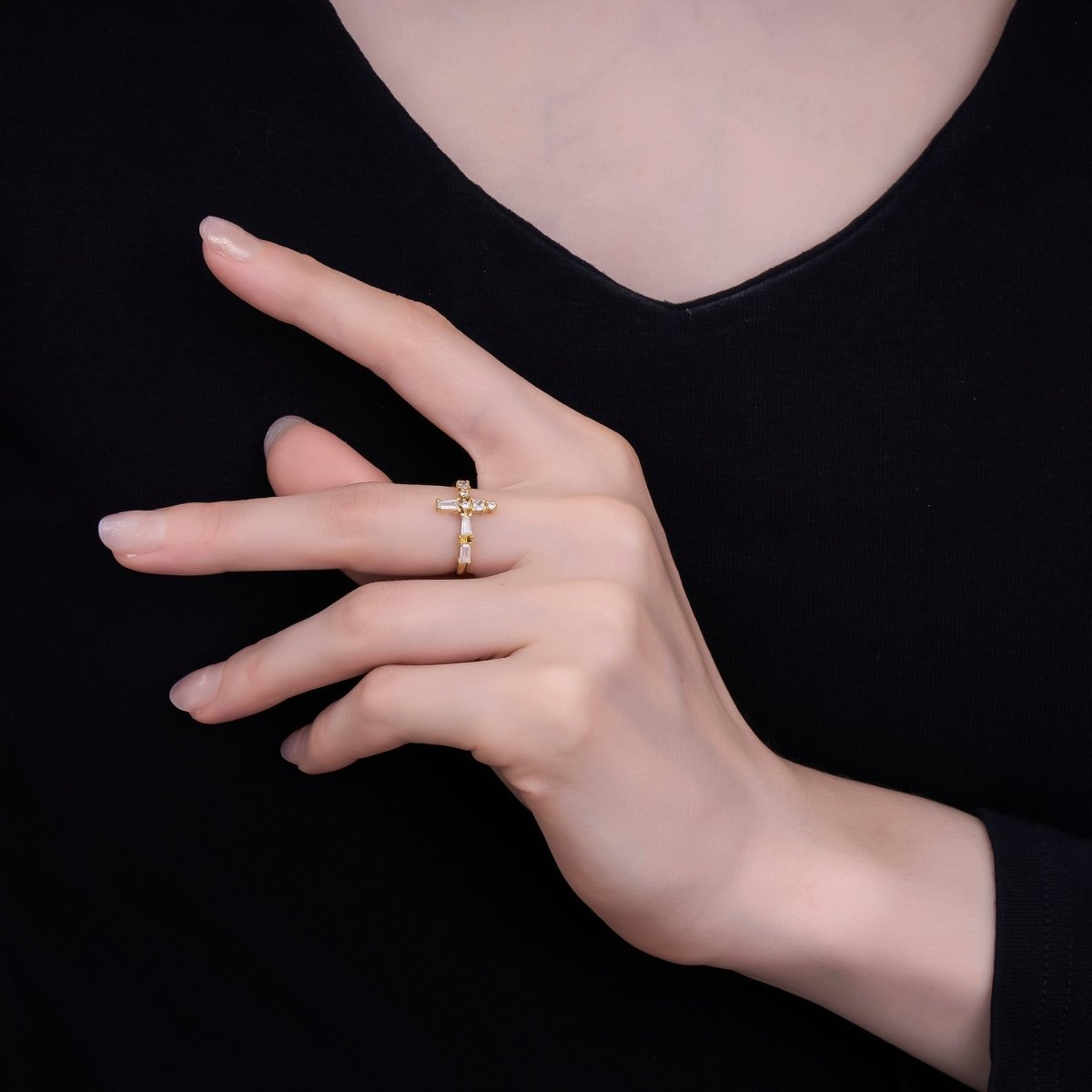 Baguette Side Cross Ring - Gold Cross Ring - Stacking Rings - Sideway Cross Ring - Cross Jewelry - Religious Jewelry - Sign Micro Pave ring R - 050 - DLUXCA