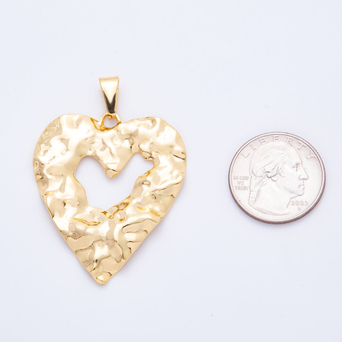 Big Gold Stainless Steel 55mm Open Hammered Geometric Heart Pendant Charm | J653 - DLUXCA