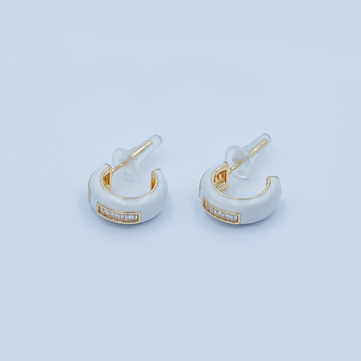 Black, White Enamel Baguette CZ C - Shaped Hoop Earrings in Gold & Silver | AE265 - AE73 - DLUXCA