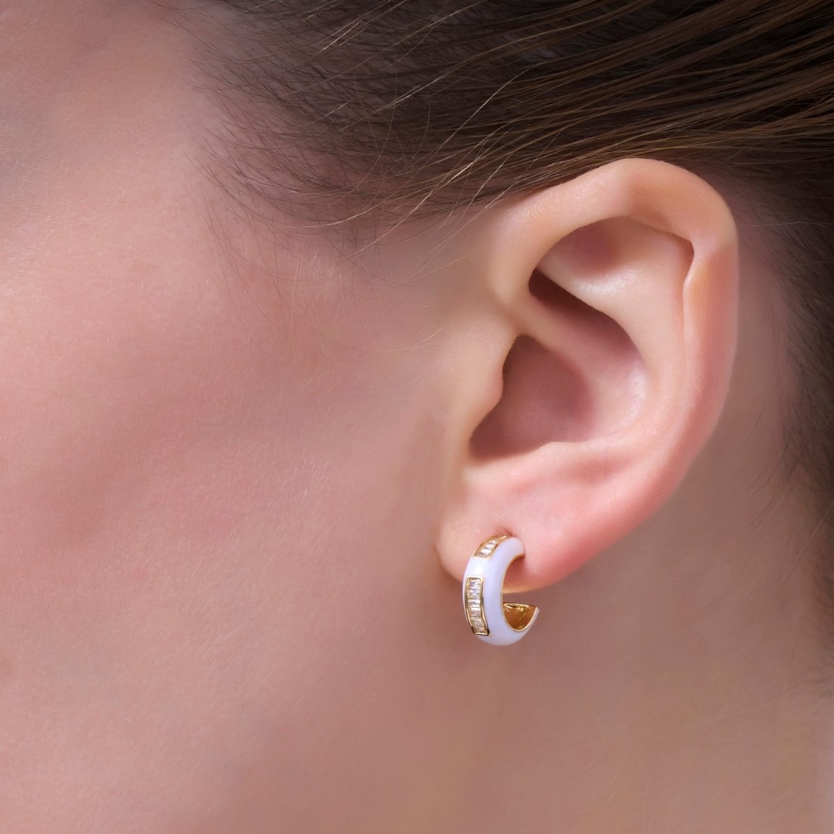 Black, White Enamel Baguette CZ C - Shaped Hoop Earrings in Gold & Silver | AE265 - AE73 - DLUXCA