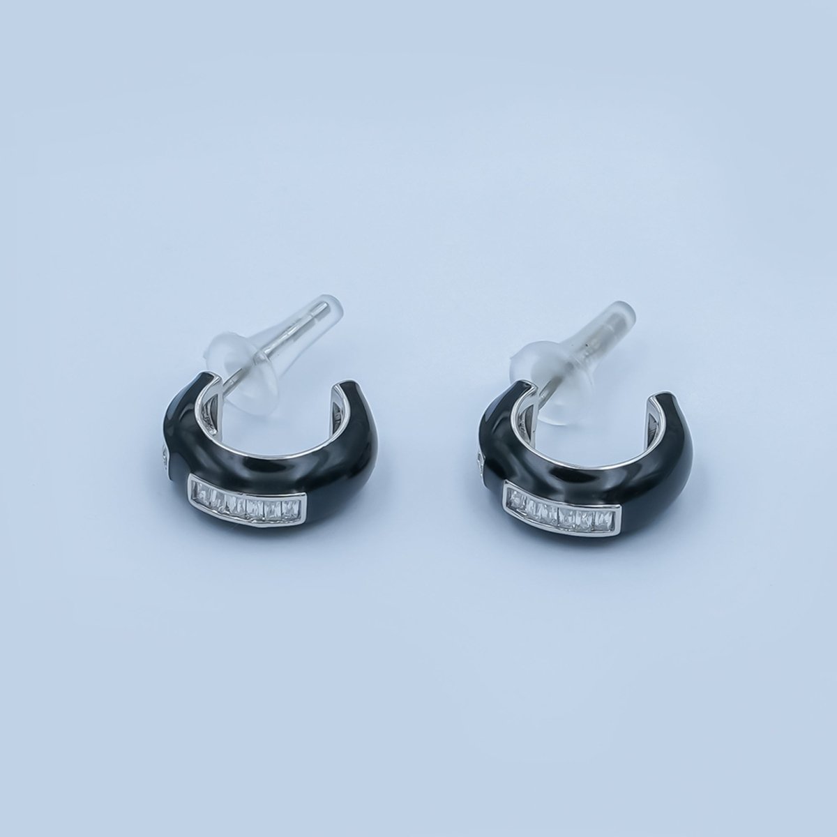 Black, White Enamel Baguette CZ C - Shaped Hoop Earrings in Gold & Silver | AE265 - AE73 - DLUXCA