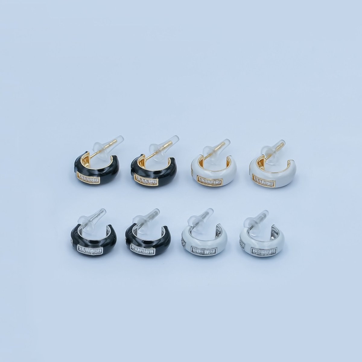Black, White Enamel Baguette CZ C - Shaped Hoop Earrings in Gold & Silver | AE265 - AE73 - DLUXCA