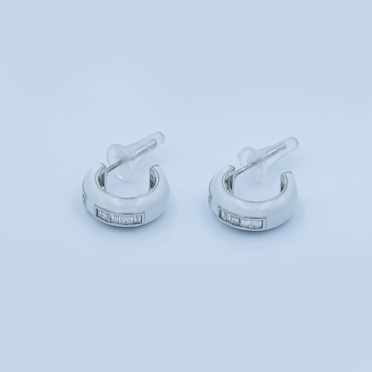 Black, White Enamel Baguette CZ C - Shaped Hoop Earrings in Gold & Silver | AE265 - AE73 - DLUXCA