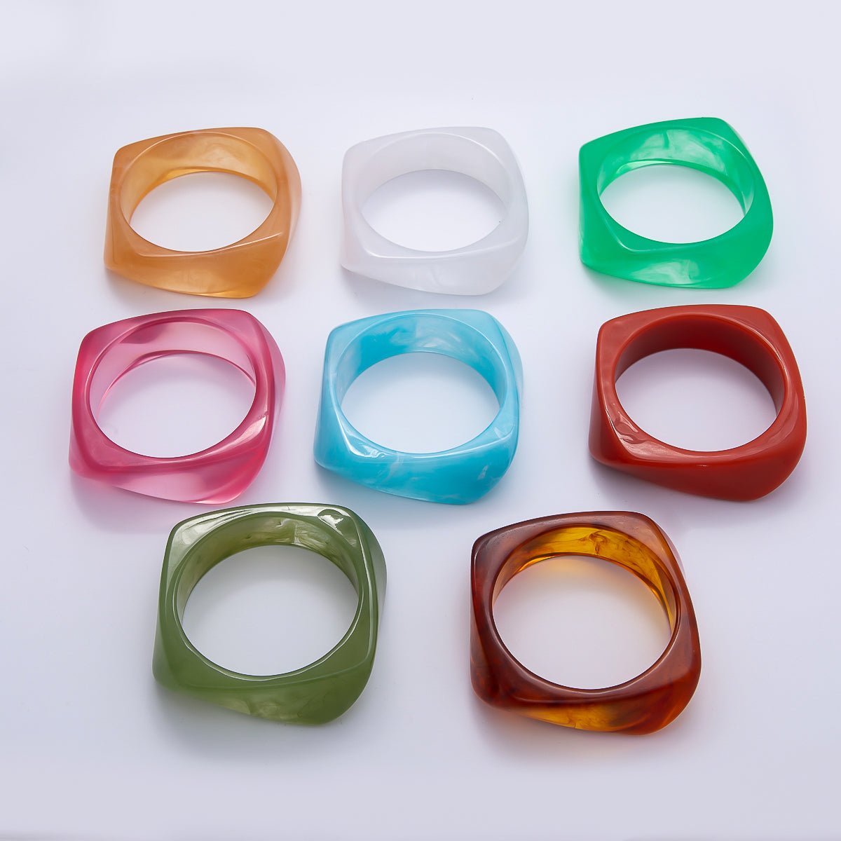 Brown, White, Red, Orange, Blue, Pink, Green, Teal Round Square Wide Acrylic Resin Bangle Bracelet | WA - 04388 ~ WA - 04438 - DLUXCA