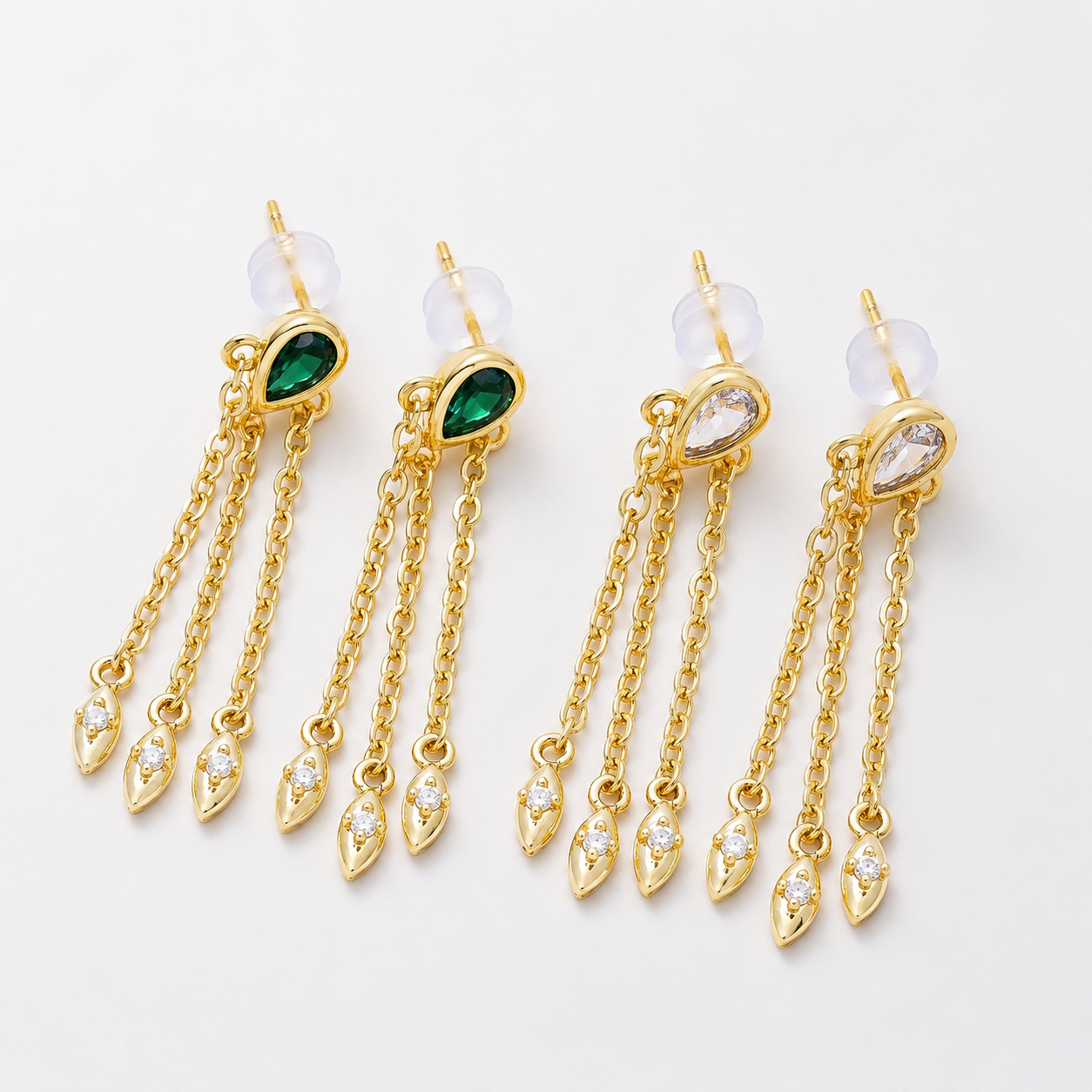 16K Gold Filled 40mm Clear, Green CZ Teardrop Triple Chain Drop Stud | Earrings-00690 Earrings-00691