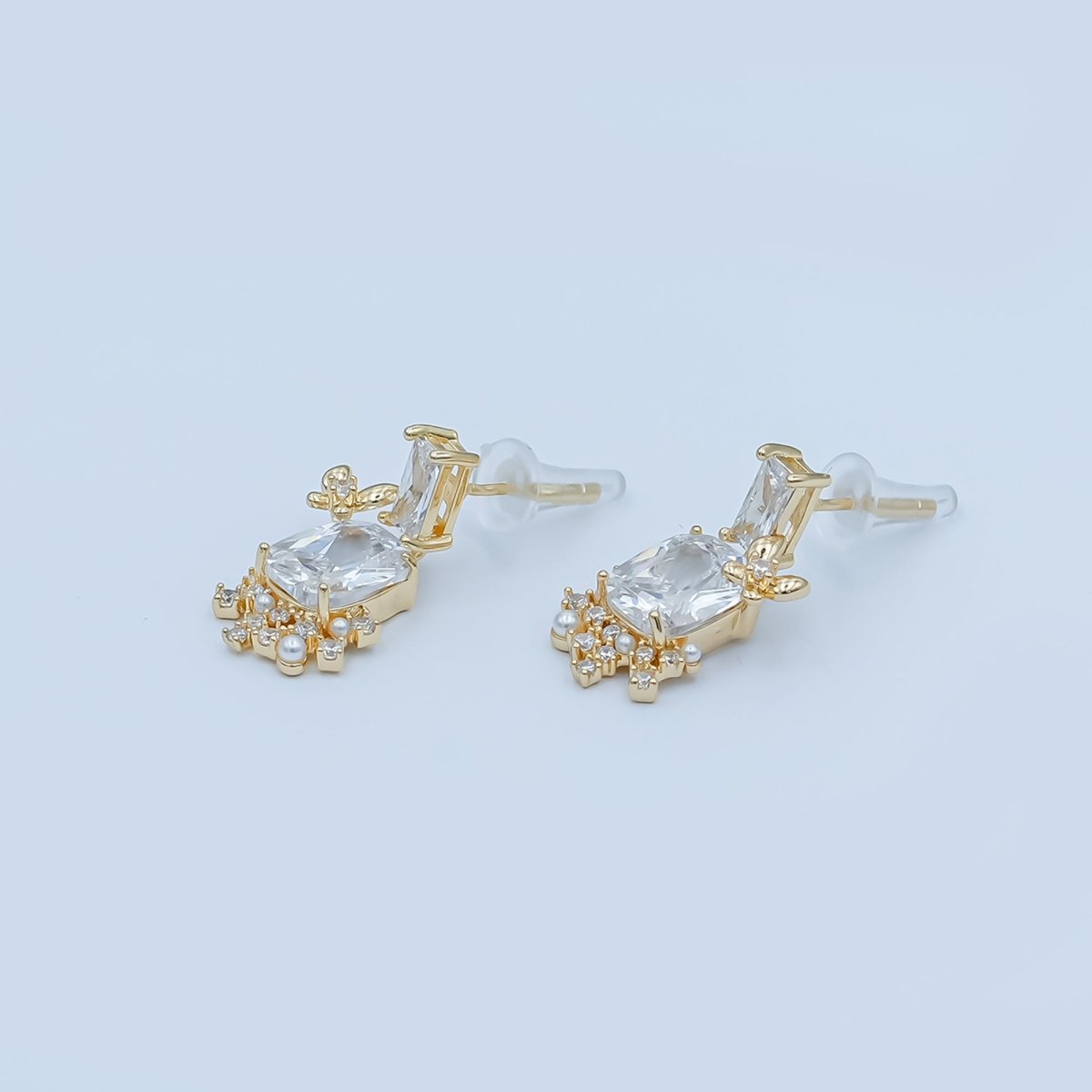 Clear CZ Baguette Pearl Cluster Drop Stud Earrings in Gold & Silver | AD1461 AD1465 - DLUXCA