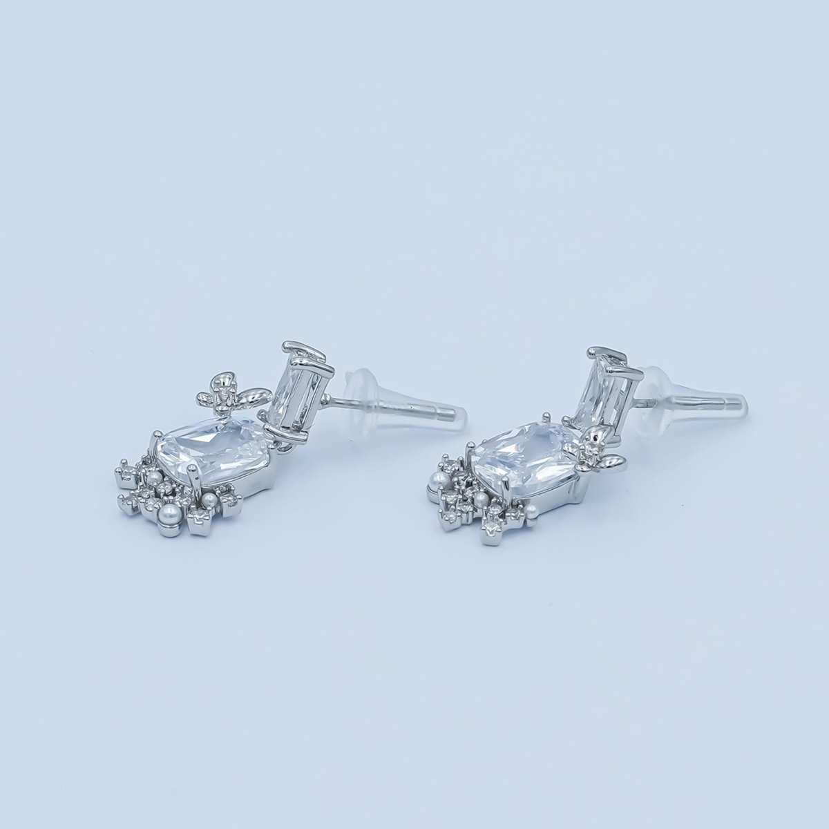 Clear CZ Baguette Pearl Cluster Drop Stud Earrings in Gold & Silver | AD1461 AD1465 - DLUXCA