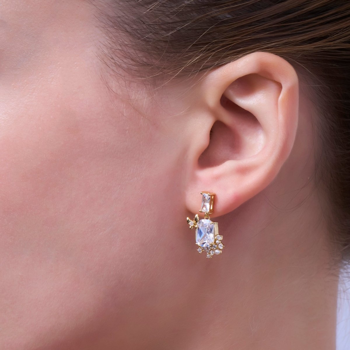 Clear CZ Baguette Pearl Cluster Drop Stud Earrings in Gold & Silver | AD1461 AD1465 - DLUXCA