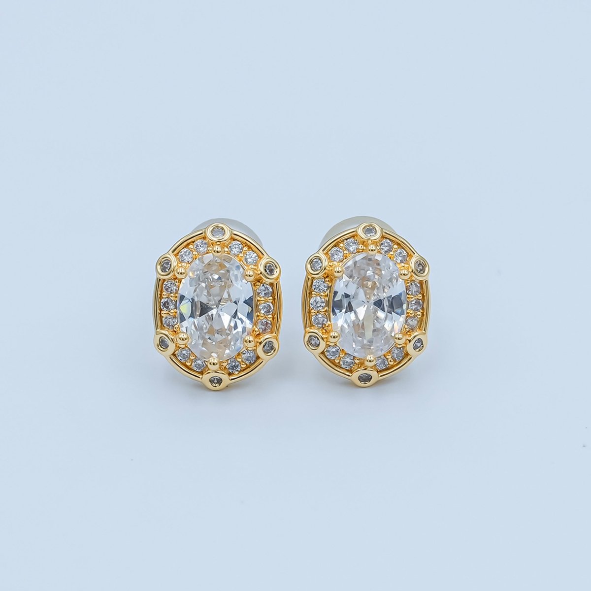 Clear CZ Dotted Encircle Oval Stud Earrings in Gold & Silver | AB1500 AB1551 - DLUXCA