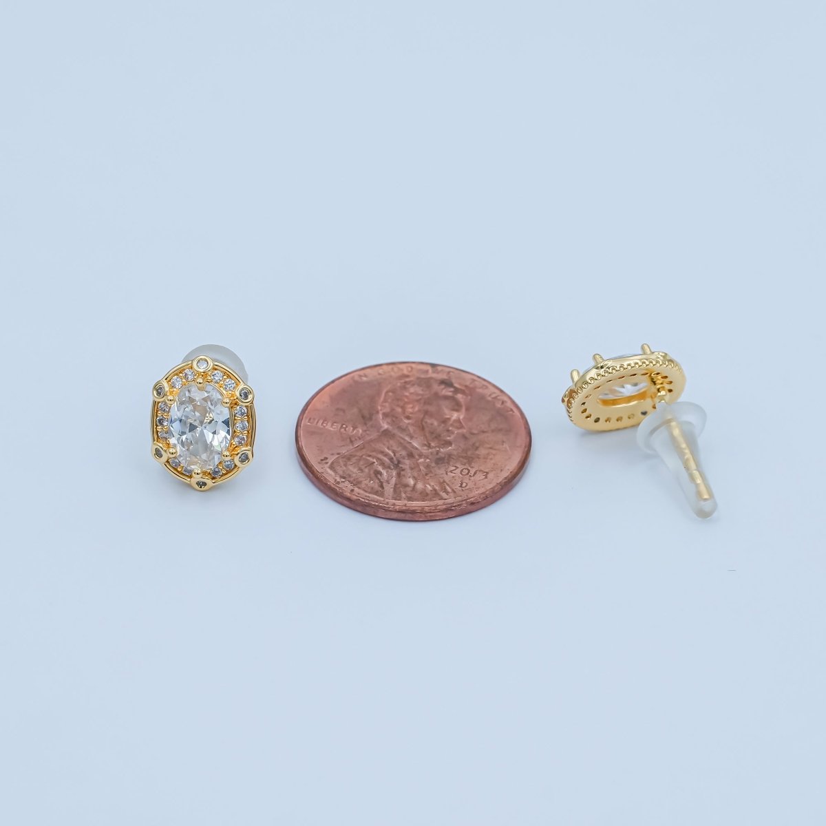 Clear CZ Dotted Encircle Oval Stud Earrings in Gold & Silver | AB1500 AB1551 - DLUXCA