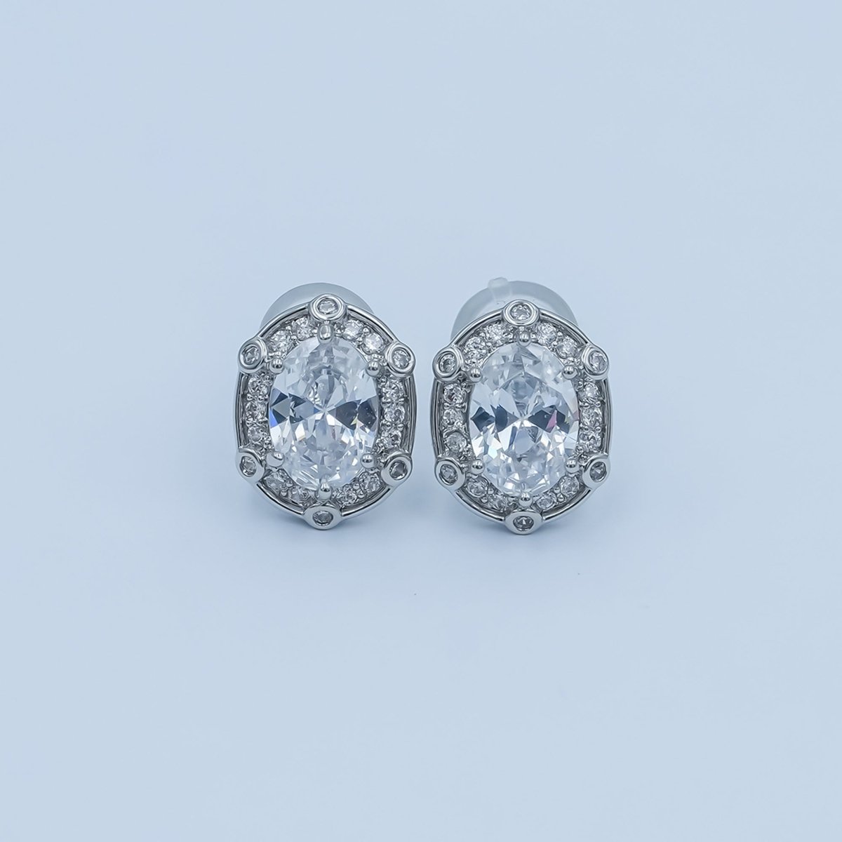 Clear CZ Dotted Encircle Oval Stud Earrings in Gold & Silver | AB1500 AB1551 - DLUXCA