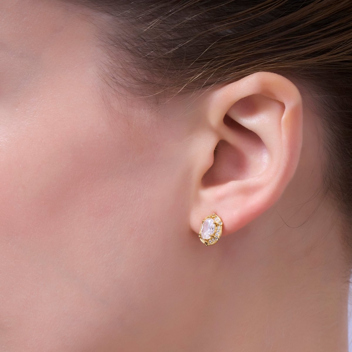 Clear CZ Dotted Encircle Oval Stud Earrings in Gold & Silver | AB1500 AB1551 - DLUXCA