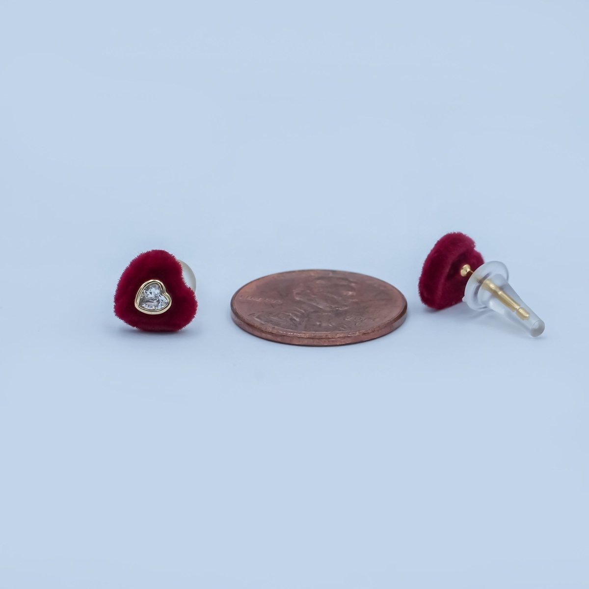 Clear CZ Heart Red Fleece Heart Stud Earrings in Gold & Silver | AD1513 AD1515 - DLUXCA