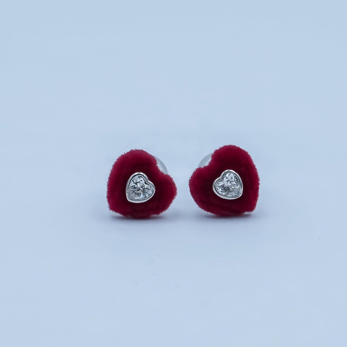 Clear CZ Heart Red Fleece Heart Stud Earrings in Gold & Silver | AD1513 AD1515 - DLUXCA