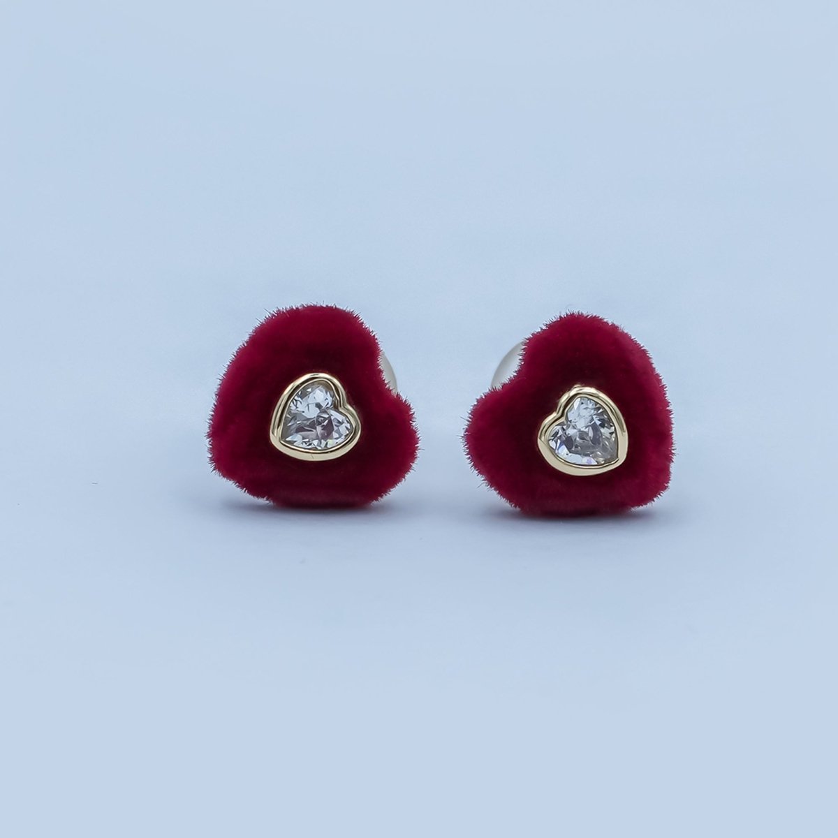 Clear CZ Heart Red Fleece Heart Stud Earrings in Gold & Silver | AD1513 AD1515 - DLUXCA